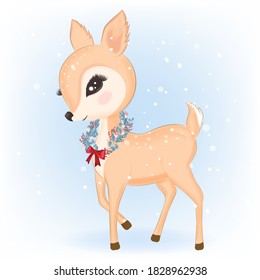 Deer with wreath Christmas in winter and Christmas illustration. 
