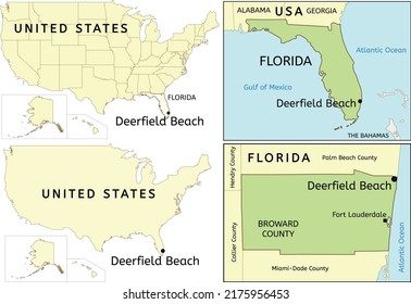 Deerfield Beach city location on USA, Florida state and Broward County map