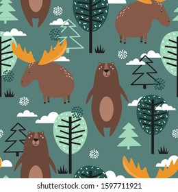 Deers, bears, trees and fir trees, hand drawn backdrop. Colorful seamless pattern with animals, forest. Decorative cute wallpaper for printing. Overlapping background vector. Design illustration