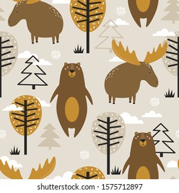 Deers, bears, trees, fir trees and snow, hand drawn backdrop. Colorful seamless pattern with animals, forest. Decorative cute wallpaper for printing. Overlapping background vector. Design illustration