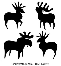 Deers, black-white set of icons. 4 deer and elk logos on a white background.