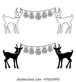 Deers & Christmas balls set silhouettes isolated on white background, design for Xmas cards, banners and flyers, vector illustration isolated on white background