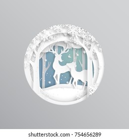 Deers couple on snow and winter season background.For merry christmas and happy new year paper art style.Vector illustration.