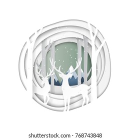 Deers couple on snow and winter season background.For merry christmas and happy new year paper art style.Vector illustration.