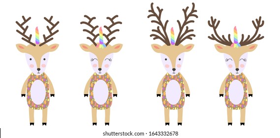 Deers. Cute hand drawn nursery poster with handdrawn deers in scandinavian style. deer with unicorn horn