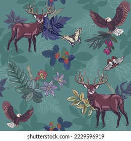 Deers, eagles, butterflies, flowers, foliage. Vector hand drawn seamless pattern with forest theme