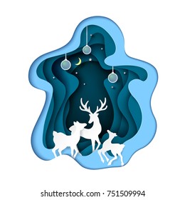Deers family with blue abstract paper art background.For merry christmas and happy new year.Vector illustration.