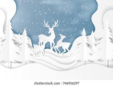 Deers family joyful on snow and winter season with nature landscape background for merry christmas and happy new year paper art style.Vector illustration.