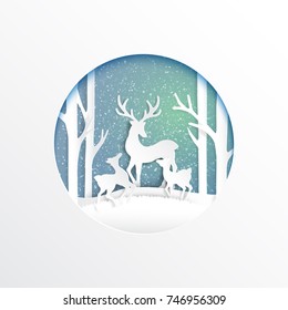 Deers family joyful on snow and winter season background.For merry christmas and happy new year paper art style.Vector illustration.