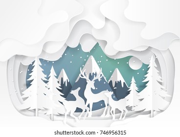 Deers family joyful on snow and winter background.For merry christmas and happy new year paper art style.Vector illustration.