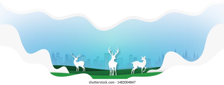 Deers family with nature landscape and cityscape skyline background template paper art style vector illustration.