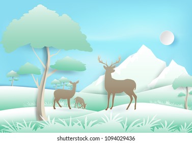 Deer's family standing in forest and blue sky. Paper art, paper craft illustration Nature landscape background