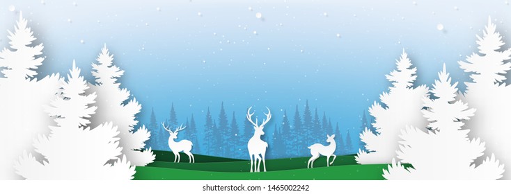 Deers family in the wild of winter season landscape and merry christmas concept paper art style vector illustration.