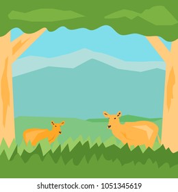 A deers find grass to eat in the forest. illustration save animal concept