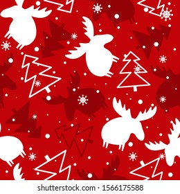Deers and fir trees, hand drawn backdrop. Colorful seamless pattern with animals, forest. Decorative cute wallpaper, good for printing. Overlapping background vector. Design illustration