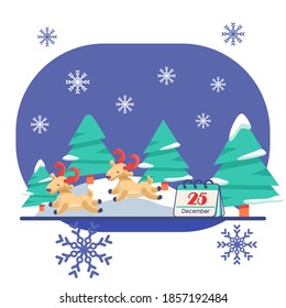 Deers with fir trees on white isolated backdrop. Christmas holiday postcard for invitation or gift card, notebook, bath tile, scrapbook. Phone case or cloth print. Flat style stock vector illustration