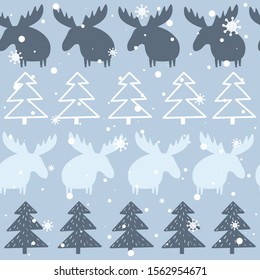 Deers, fir trees and snow, hand drawn backdrop. Colorful seamless pattern with animals, forest. Decorative cute wallpaper, good for printing. Overlapping background vector. Design illustration