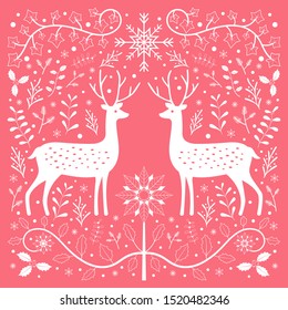 Deers and flora Christmas mas theme scandinavian folk pattern style vector background pink monochrome stencil paper