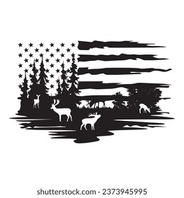 Deers in the forest american flag, hunting deer US flag, distressed american flag, US Flag with deer hunting design illustrator