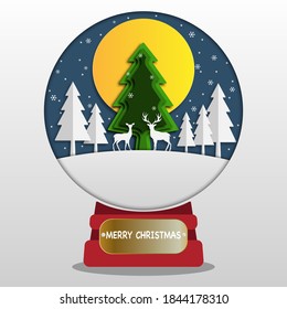 Deers in forest with moon and snow in the winter season and christmas vector. Night winter landscape. Paper art style. Snowglobe concept. EPS10