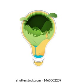 Deers in the forest and nature concept in light bulb of ecology and environment conservation paper art style vector illustration.