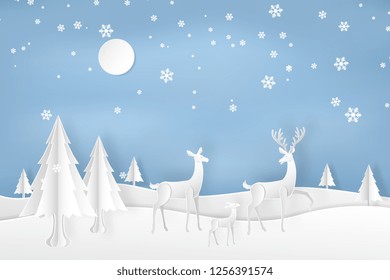 deers in the forest with snow, moon and ice crystals in the winter season. christmas, vector paper art concept.