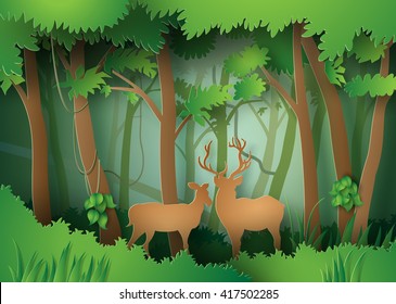 Deers In The Forest.paper Art Style.