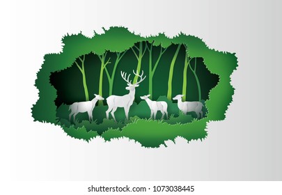 Hirsche im Wald.Papierschnitt Stil