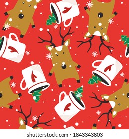 Deers, gingerbreads, biscuits, cups of cocoa, hand drawn overlapping background. Colorful seamless pattern vector, animals. Decorative cute wallpaper, good for printing. Christmas fir trees, snow