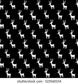 Deers with gold glitter noses on black background. New Year and Merry Christmas seamless vector pattern with rein deers in hipster style.