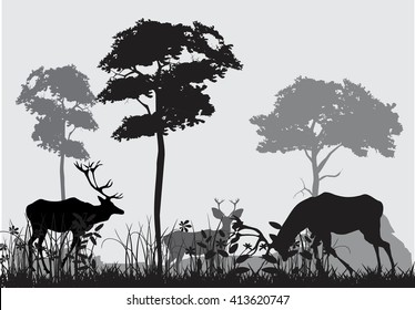 Deers in the grass silhouettes. Forest natural landscape vector illustration.