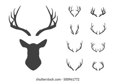 Deer's head and antlers set. Design elements of deer. Vector EPS8 illustration.