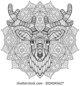 Deer's head. Coloring ornamental Deer. Drawn by hand. Abstract patterned animal. Cartoon style. Boho Doodle Zentangle design illustration. Geometric art poster, wallpaper. Minimal retro style. Vector