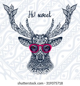 Deer's head with glasses. Vintage pattern of leaves and flowers, vector tattoo