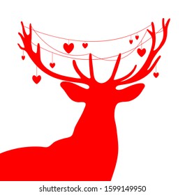 the deer's head is red on a white background decorated with hearts