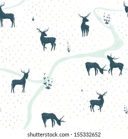 Deers Landscape Delicate Seamless Pattern. Vector illustration EPS8. Grassland background.