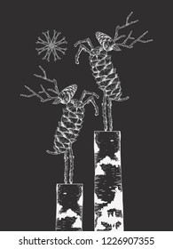 
Deers made from spruce cones and dry twigs on birch stumps. Hand drawn vector illustration on dark background. 
Sketch.