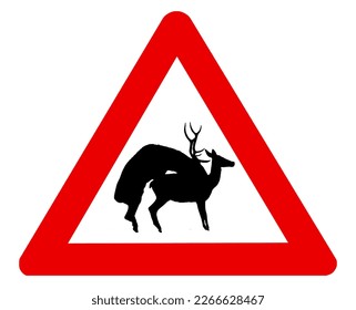 Señal de advertencia de la carretera de apareamiento de los vendedores. Ilustración vectorial de la señal de tráfico de advertencia de ciervos. Atención de riesgo marca del triángulo rojo.