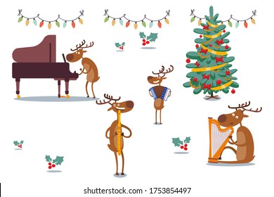 Deers musical band at holidays, vector illustration. Animal plays piano, accordion, flute and harp near decorated Christmas tree. Festive mood, singing hymns, bright garland with bulbs.