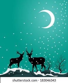 Deers in the Night with Falling Snow