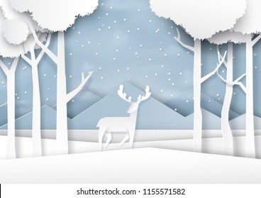 Deers on snow and winter season forest landscape background paper art style for merry christmas and happy new year.Vector illustration.