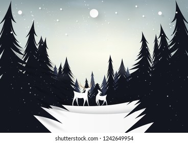 Deers and pine forest on night winter season landscape background for merry christmas and happy new year paper art style.Vector illustration.