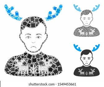 Deers pullover horned husband composition of abrupt pieces in various sizes and color tints, based on deers pullover horned husband icon. Vector humpy elements are grouped into composition.