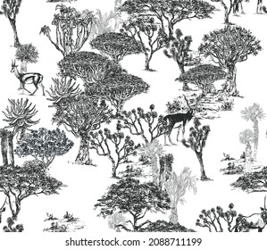 Deers in Savannah Bushes Seamless Pattern, Toile Safari Wildlife Landscape Black and White Print, Antelopes Animals in Trees Hand dibujó una Etched Illustration on White Backround