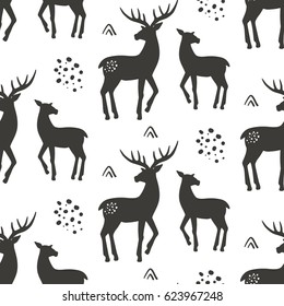 Deers seamless pattern, vector illustration. Black and white animal background with hand drawn reindeer silhouettes. Vintage style