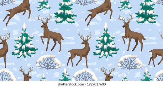 Deers, seamless pattern, winter illustration with forest animal in a snowy forest, trees and Christmas trees with snow. Texture and background for Christmas prints, textile and paper design