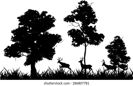 Deers silhouettes under trees in grass. Trees, grass and animals black silhouettes. Objects grouped and separated.