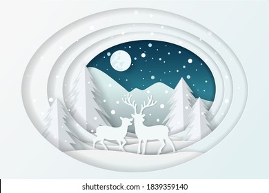 Los ciervos con nieve en el bosque y la luna llena en el cielo. Feliz Año Nuevo y Feliz Navidad, eps 10 vector.