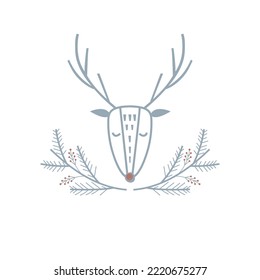 Deers with spruce branches. Сhristmas emblem, postcard. Scandinavian style. Folk art.