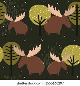 Deers and trees, hand drawn backdrop. Colorful seamless pattern with animals, forest. Decorative cute wallpaper, good for printing. Overlapping background vector. Design illustration